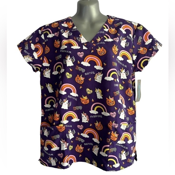 Serene Uniforms Halloween Unicorn Rainbow Cute Scrub Top• Size: Small • NWT - Picture 2 of 7